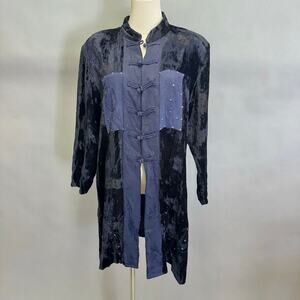 Lolette navy‎ Rayon velour & jacquard mandarin collar tunic top size Large artsy